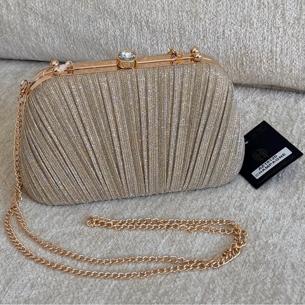 House of Harlow 1960 Shimmering Gold Pleated Textured Clutch Bag